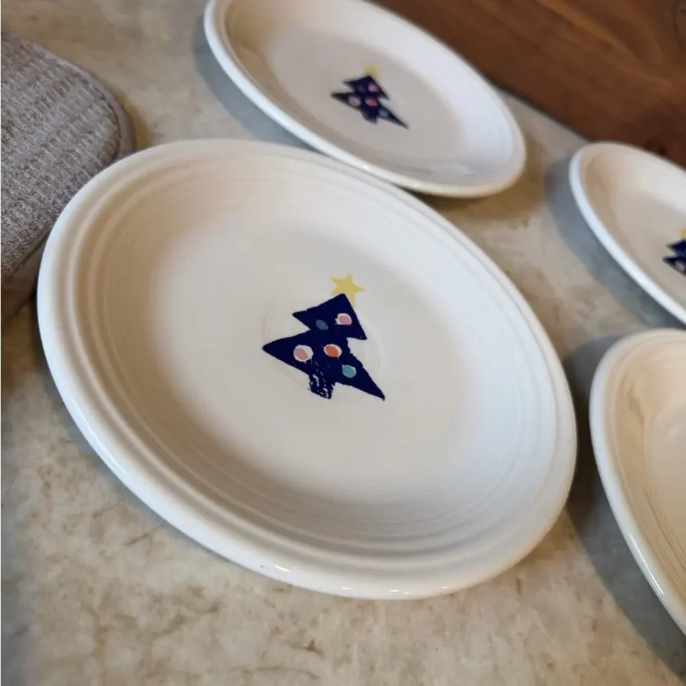 Vintage Fiesta White Plates with Blue Christmas Tree Design 1998- Set of 4
